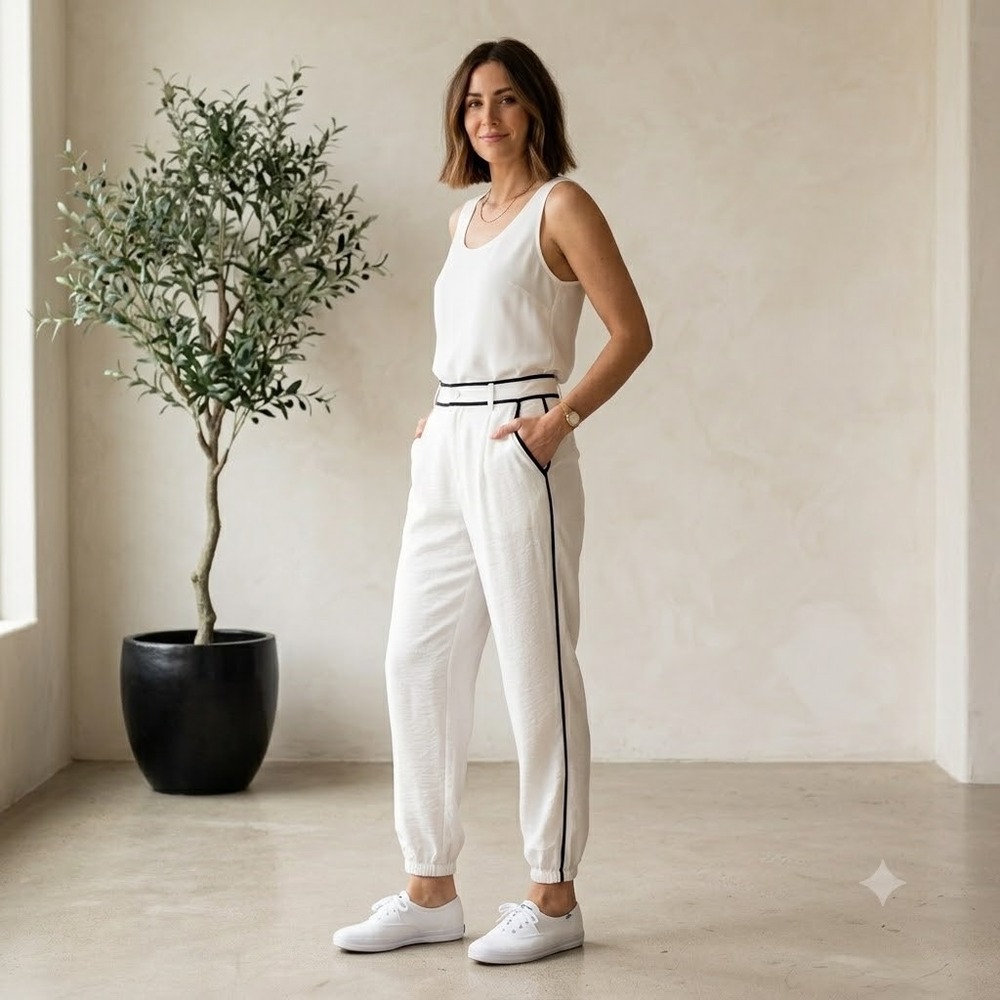 Paper Crane Joggers Women Large‎ White Black Piping Minimalist Preppy